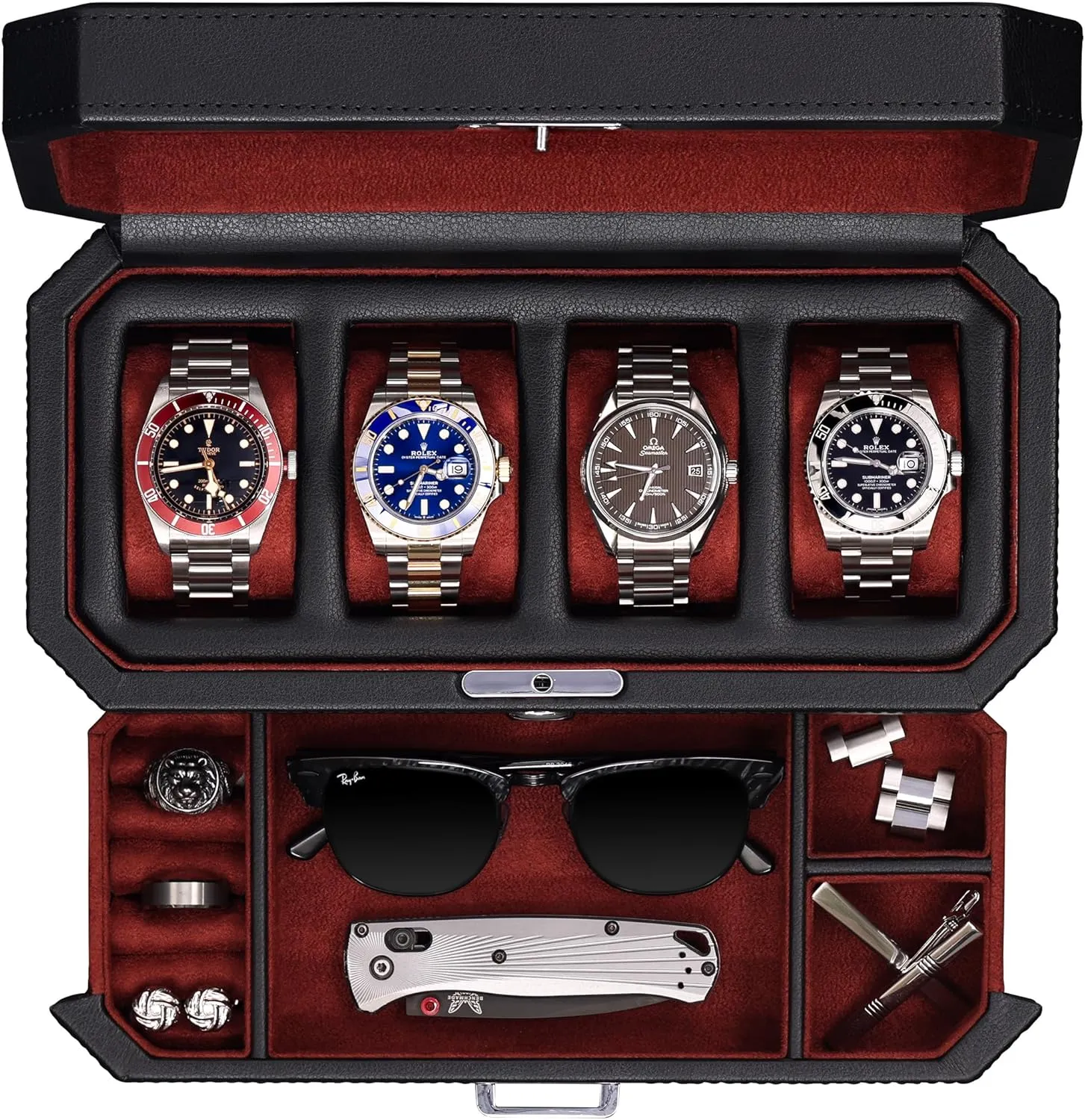 with Valet Drawer - Luxury Case Display Jewelry Organizer, Locking Display Case Holder with tranquil pantomime Real Glass Top - Watch Box Organizer for Men & Women (Red) ROTHWELL 4 Slot Leather Watch Box 