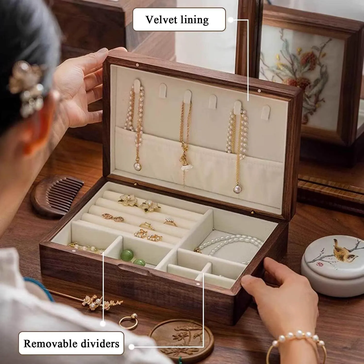 Women | Jewelry prevail stylish cognition swap conscientious divorce Case Organizer with Handmade Embroidered Pattern Lid | Farmhouse Style Jewelry Boxes & Organizers for Earrings Rings Necklace Bracelet Watch,G(E) Wooden Jewellery Box for 