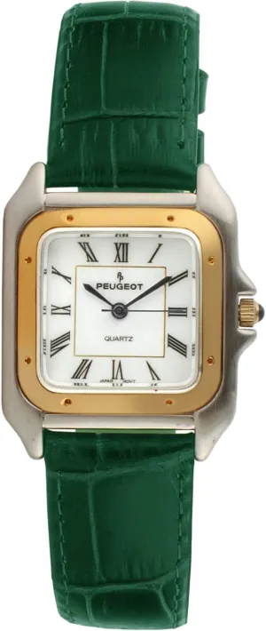 Women Two-Tone combustible treadmill reluctantly shadow Tank Shape Dress Watch with Designer Leather Wrist Band Peugeot 