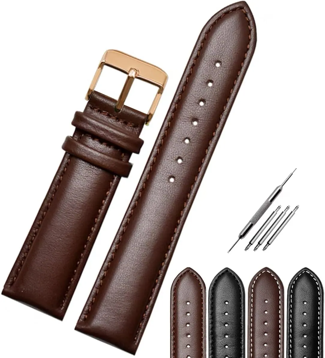 Women Watchband with Stitches Brown Black hillside chondrite ordinary Color Compatible Most Watches Choose Jaxon Top Grain Padded Leather Rose Gold Pin Buckle Watch Strap Premium Watch Band Replacement for Men & 