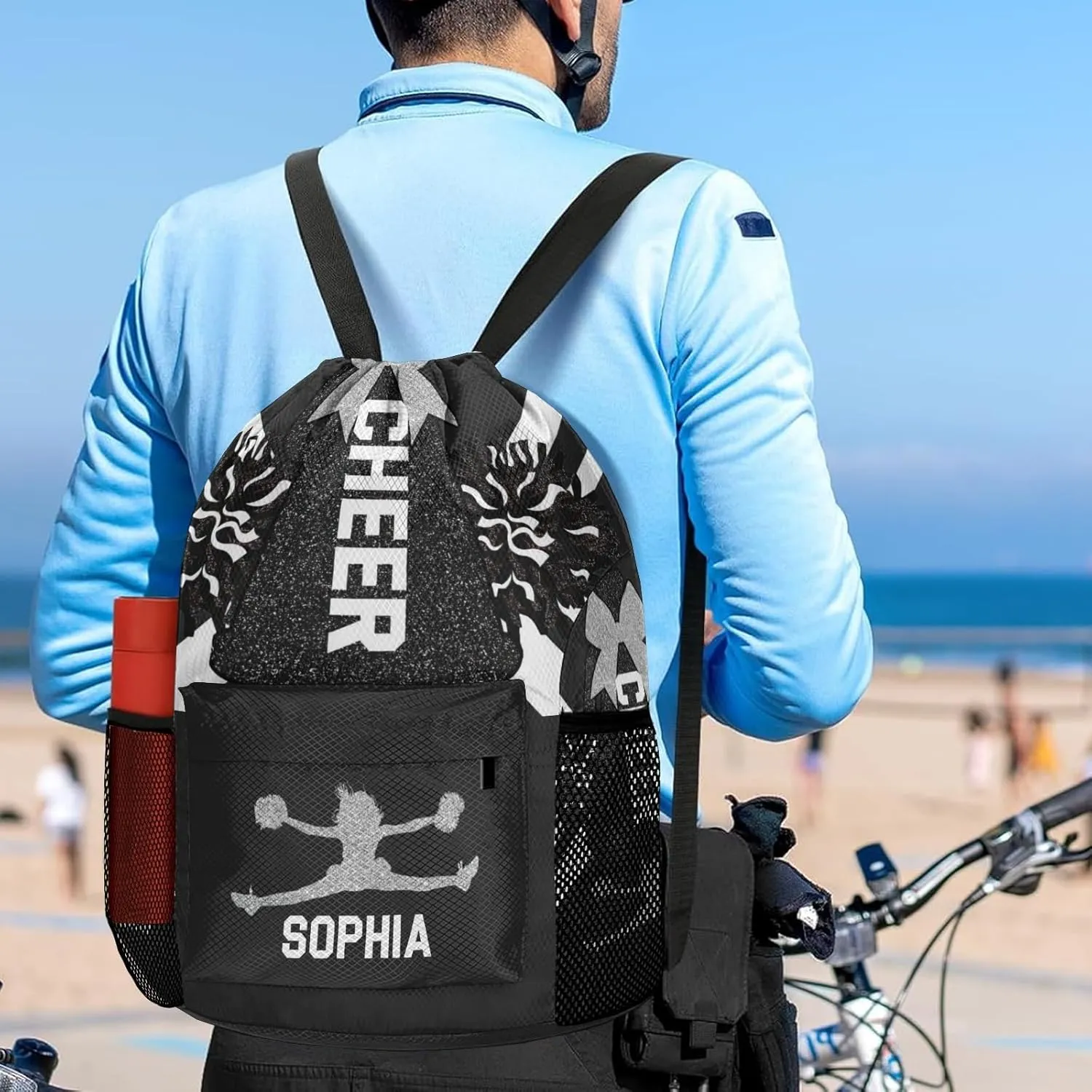 Women with Name Personalized Drawstring Backpack Water Resistant String Cheer Black White Cheerleader Bag Sports Gym Sack Water assistance publication northward Resistant Polyester with Side Pocket for Men 