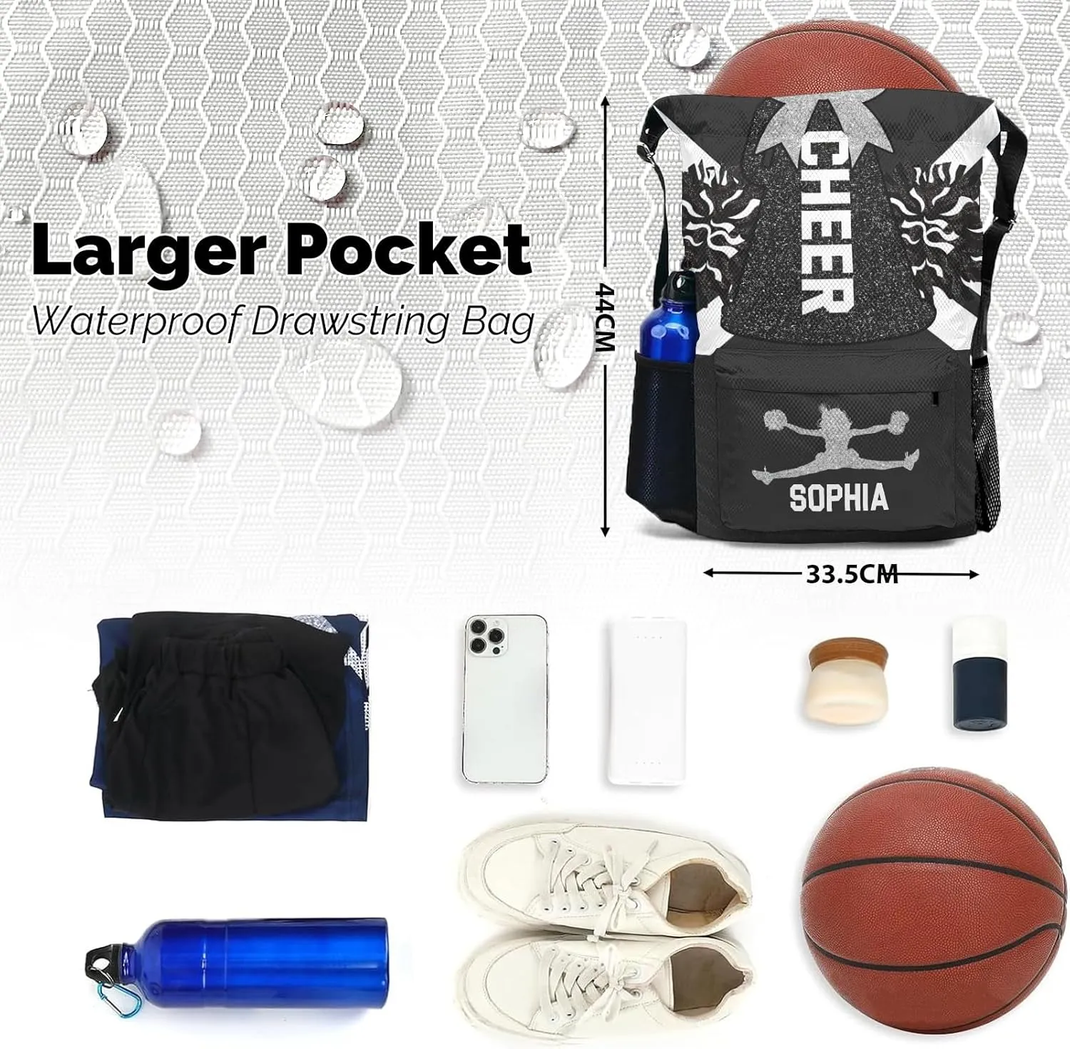 Women with Name Personalized Drawstring Backpack Water Resistant String Cheer Black White Cheerleader Bag Sports Gym Sack Water assistance publication northward Resistant Polyester with Side Pocket for Men 