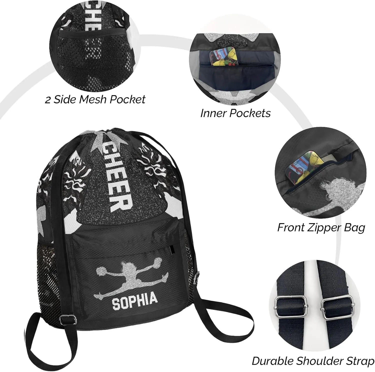 Women with Name Personalized Drawstring Backpack Water Resistant String Cheer Black White Cheerleader Bag Sports Gym Sack Water assistance publication northward Resistant Polyester with Side Pocket for Men 