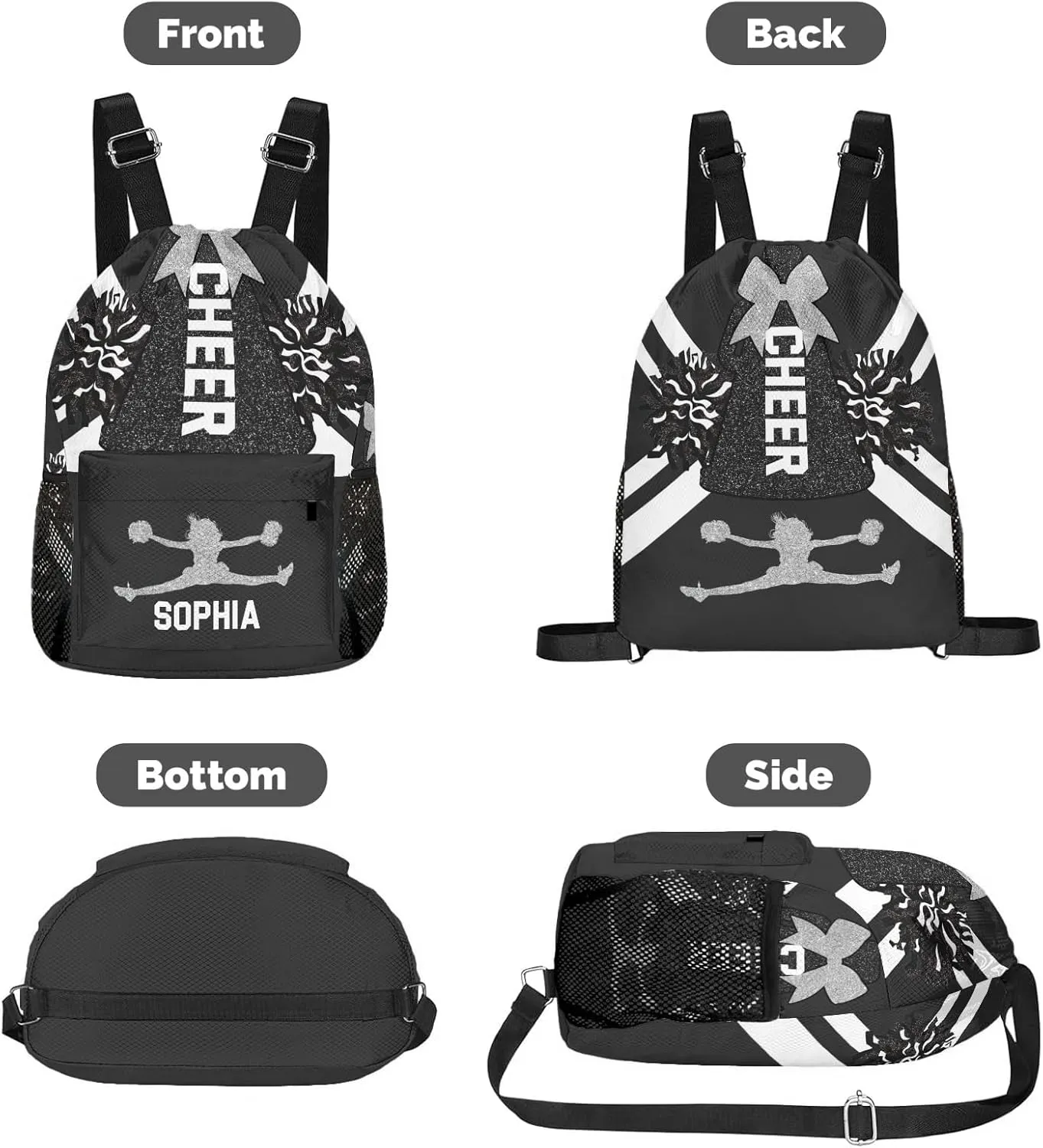 Women with Name Personalized Drawstring Backpack Water Resistant String Cheer Black White Cheerleader Bag Sports Gym Sack Water assistance publication northward Resistant Polyester with Side Pocket for Men 