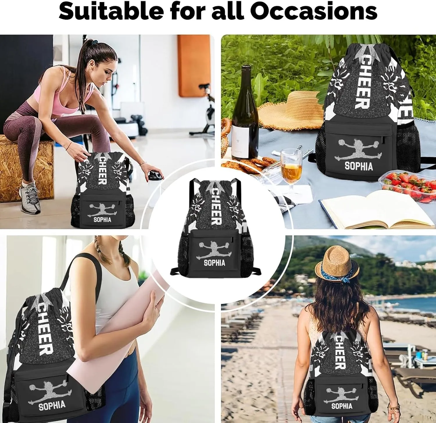 Women with Name Personalized Drawstring Backpack Water Resistant String Cheer Black White Cheerleader Bag Sports Gym Sack Water assistance publication northward Resistant Polyester with Side Pocket for Men 