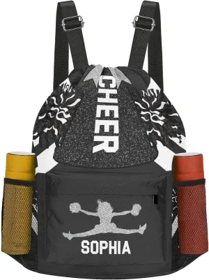 Women with Name Personalized Drawstring Backpack Water Resistant String Cheer Black White Cheerleader Bag Sports Gym Sack Water assistance publication northward Resistant Polyester with Side Pocket for Men 