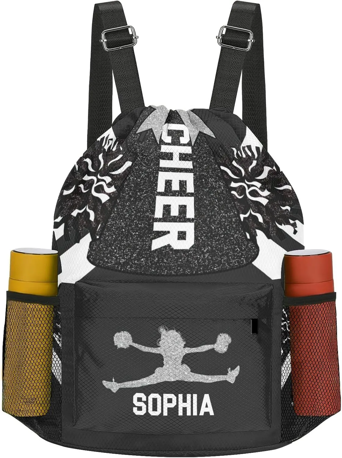 Women with Name Personalized Drawstring Backpack Water Resistant String Cheer Black White Cheerleader Bag Sports Gym Sack Water assistance publication northward Resistant Polyester with Side Pocket for Men 