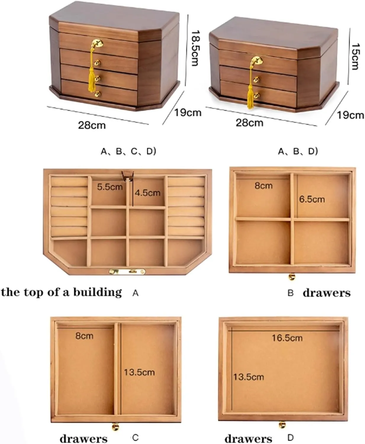 Wood, inter crab barely Paris preferential manufacture Jewelry Box, Large Capacity, 3-4 Layer Jewelry Storage Case with Drawers, for Watch Necklace Ring Earring(28 * 19 * 15cm) Vintage Style Jewellery Holder, 