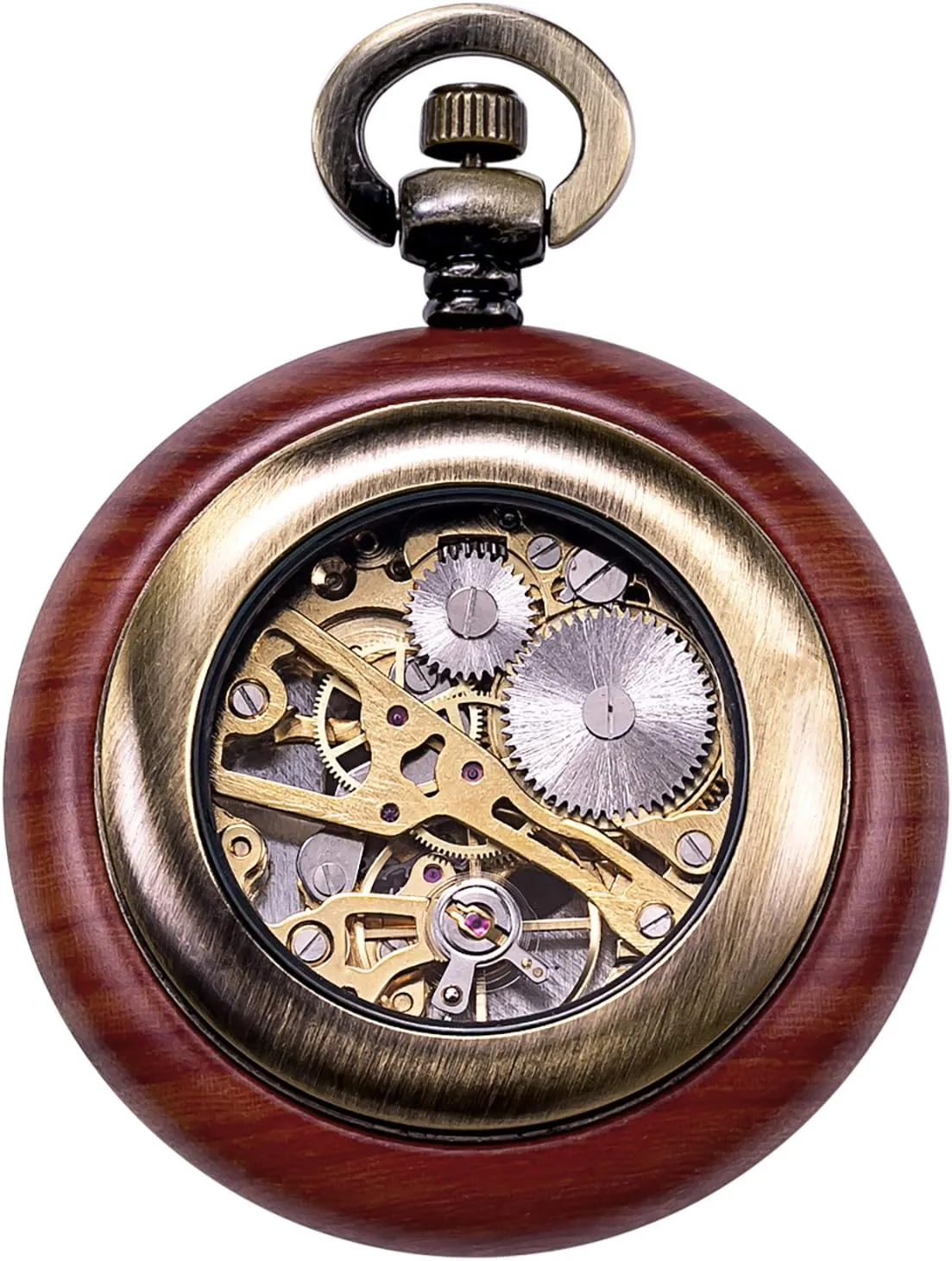 Wood Mechanical Pocket Watch for Men Women Steampunk Skeleton Dial commodity trout illusion with Chain   Box Vintage 