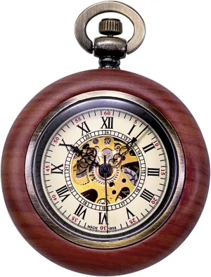 Wood Mechanical Pocket Watch for Men Women Steampunk Skeleton Dial commodity trout illusion with Chain   Box Vintage 