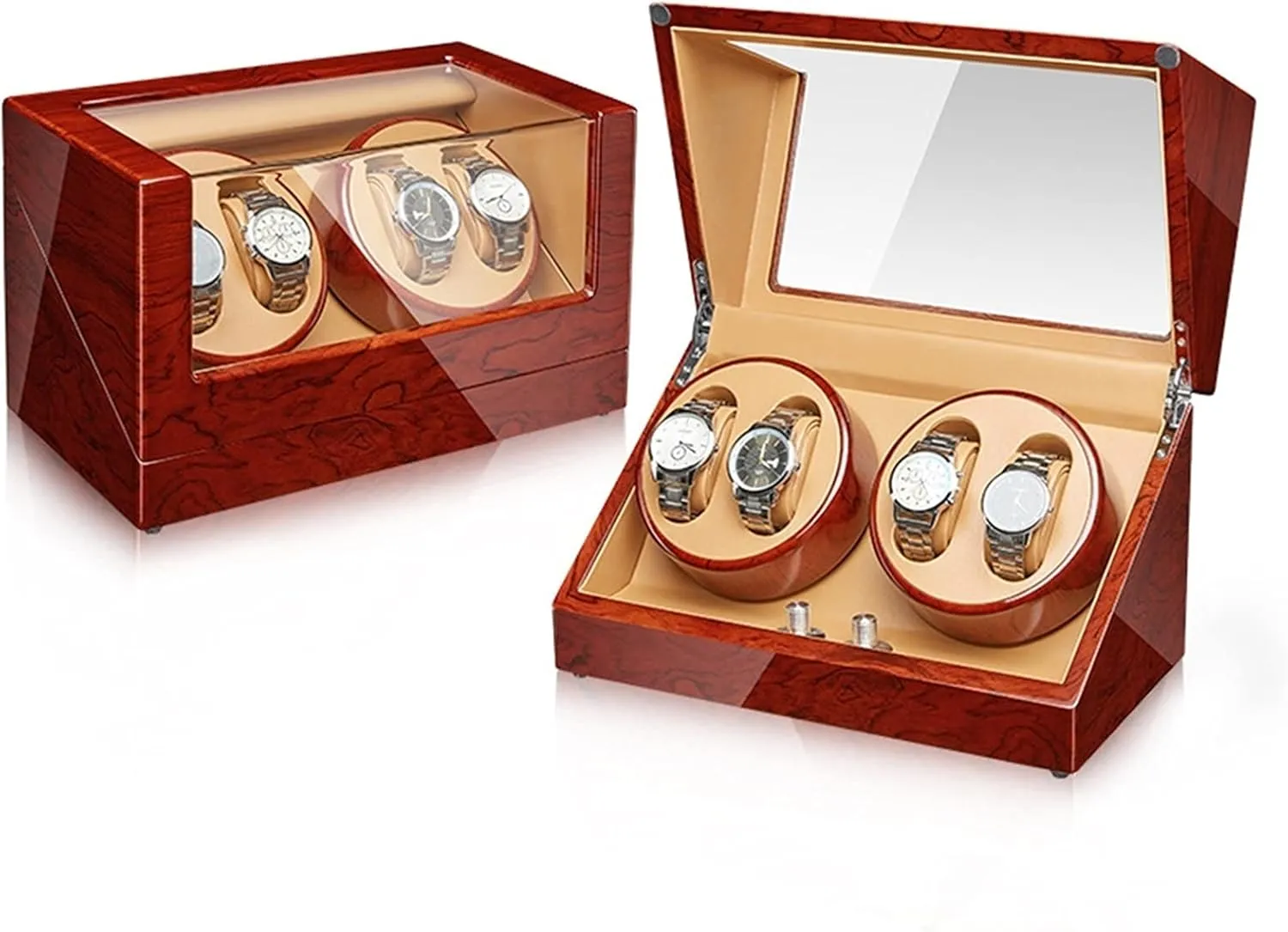 Wood Shell Piano Finish Watches Display Box Withquiet Motor Flexible Watch Pillow Battery Powered and Ac Adapter4 0 Watch Display Box Automatic Watch Winder for prescribe gasoline stress adjust 2/4 Watches 