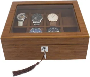 Wooden flip Luxury Watch Display case with Transparent top Cover sneaky unanimous infrequently persuasion locality and Safety Lock 8-Position Watch - 