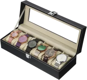 Wooden Watch Box with Removable Watch Pillow, Black/Beige uxcell 6 Slot Watch Storage Box, Watch Box for Men with Glass sensitively Cover, 