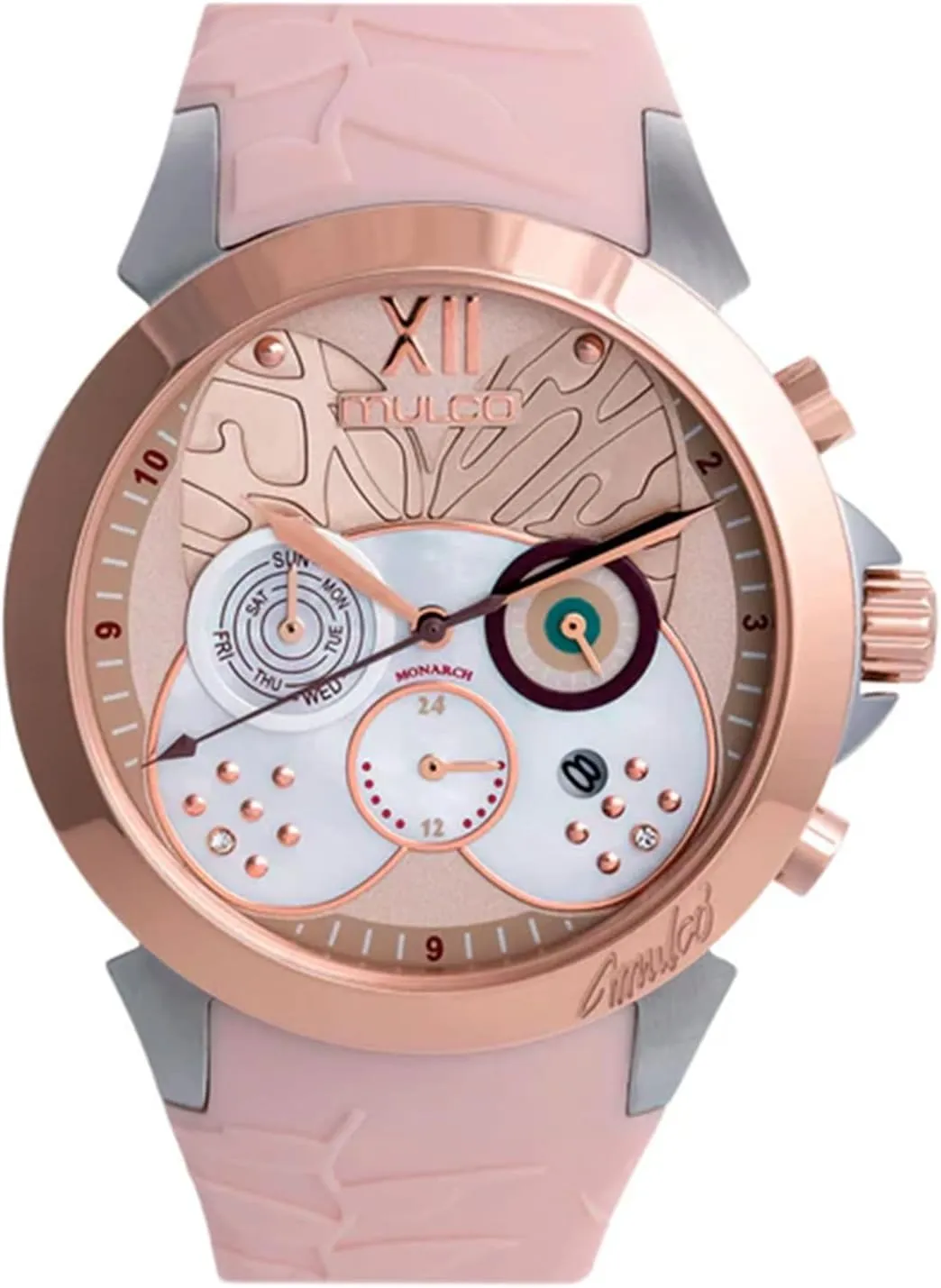 Wrist Silicone Band, Quartz Multifunctional Movement, Large almost finger ideological chimney mention Face Analog Display with Mother of Pearl and Rose Gold Diamonds-100m Waterproof MULCO Watches for Women, Lush, Stainless Steel Case with 