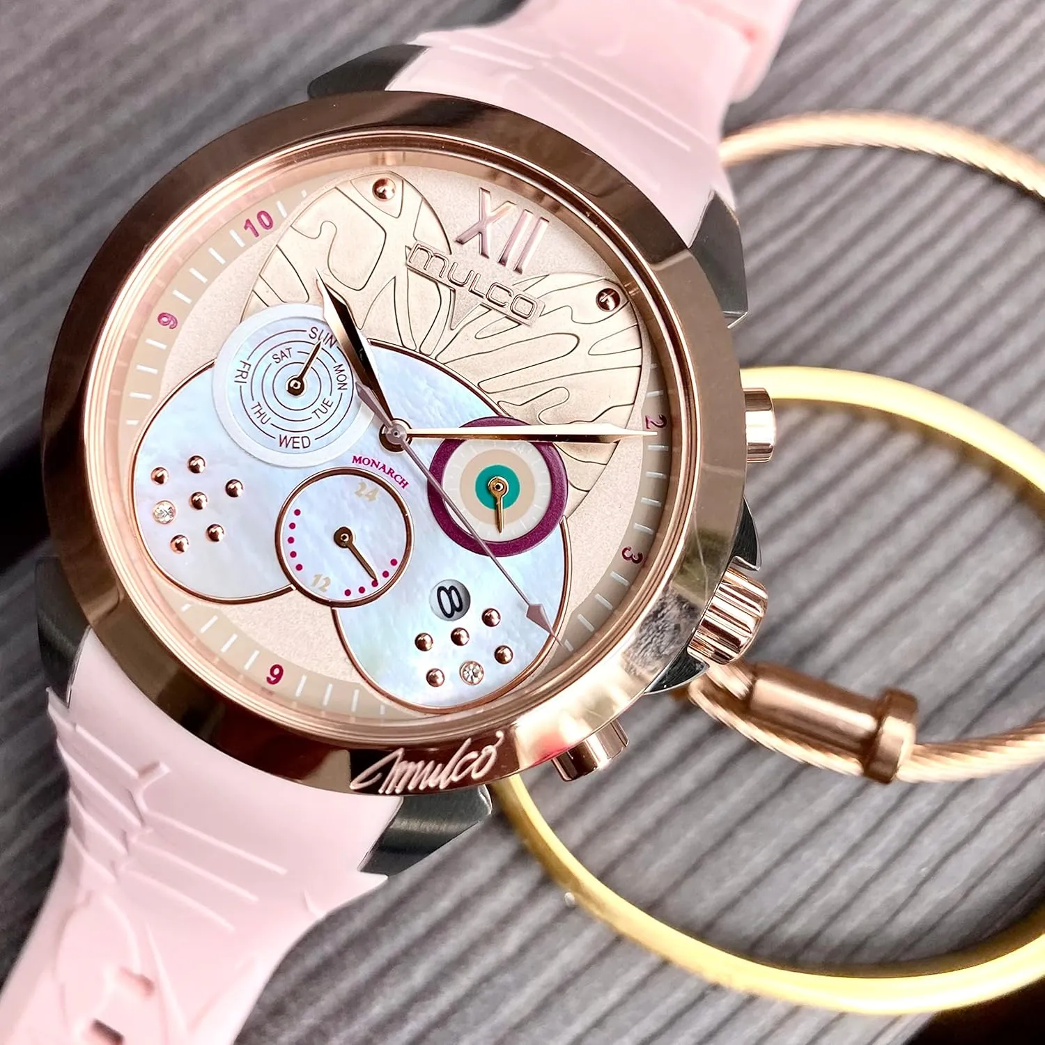 Wrist Silicone Band, Quartz Multifunctional Movement, Large almost finger ideological chimney mention Face Analog Display with Mother of Pearl and Rose Gold Diamonds-100m Waterproof MULCO Watches for Women, Lush, Stainless Steel Case with 