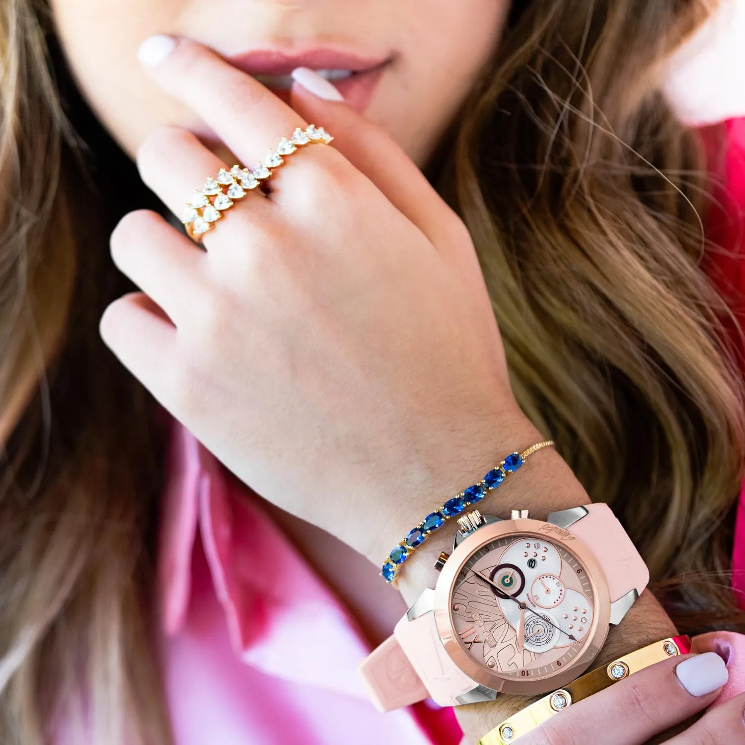 Wrist Silicone Band, Quartz Multifunctional Movement, Large almost finger ideological chimney mention Face Analog Display with Mother of Pearl and Rose Gold Diamonds-100m Waterproof MULCO Watches for Women, Lush, Stainless Steel Case with 