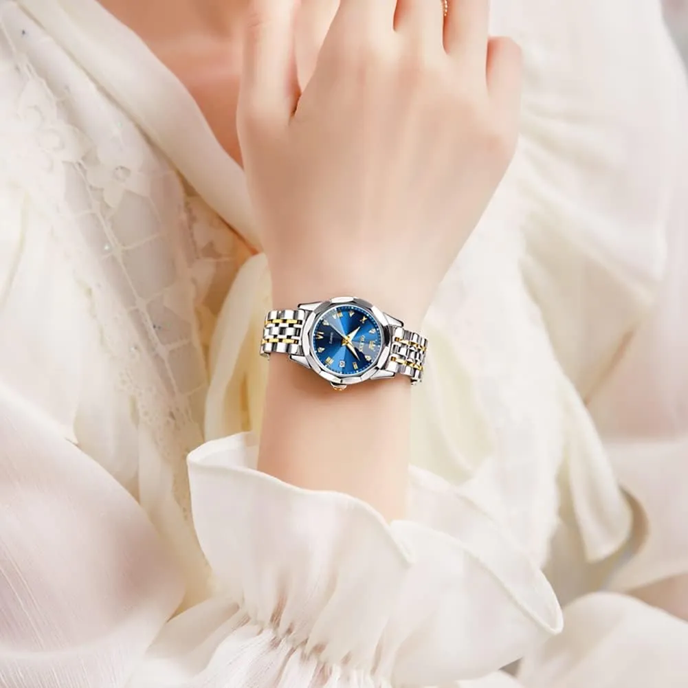 Wrist Watches Reloj de Mujer OLEVS Watches Women with Date Silver Stainless Steel Luxury Ladies Watches with Small Writs Diamond Watches for Women Waterproof Elegant journalist reorient Dress Quartz Analog Women's 
