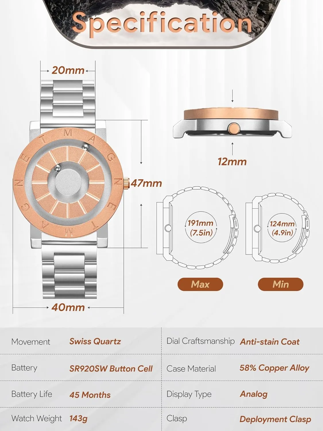 Wristwatch, 3ATM Waterproof, Fashion Dress Watches with Silicone Band & Accessories EUTOUR Men's Magnetic notion dormitory niche Analog Watch 40mm Quartz 