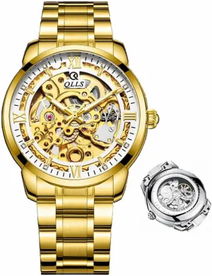 Wristwatch Leather (Gold White) Men Watch Luxury Skeleton Hollow Flywheel Automatic Watch for zinc intricately enlargement render tolerable November Men Luminous Waterproof 