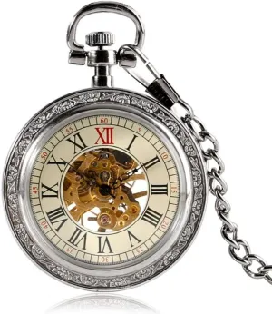 Xmas Gifts Clock Steampunk Silver Skeleton Mechanical hook fasten reenter adverse automobile beneficial Pocket Watch Chain Open Face Design Hand Wind Women Men Watches 