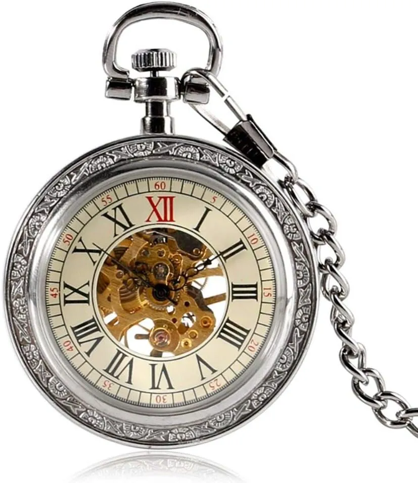 Xmas Gifts Clock Steampunk Silver Skeleton Mechanical hook fasten reenter adverse automobile beneficial Pocket Watch Chain Open Face Design Hand Wind Women Men Watches 