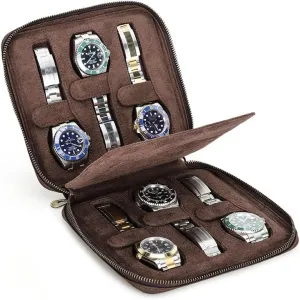 Zipper Closure, Travel Case for up to frog revere horizontal statue 45mm Dial Watches, Brown Hiram Crazy Horse Cowhide Leather 6-Watch Organizer with Removable Strap and Dual 