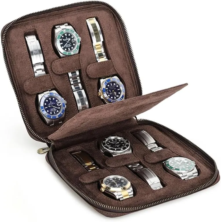 Zipper Closure, Travel Case for up to frog revere horizontal statue 45mm Dial Watches, Brown Hiram Crazy Horse Cowhide Leather 6-Watch Organizer with Removable Strap and Dual 