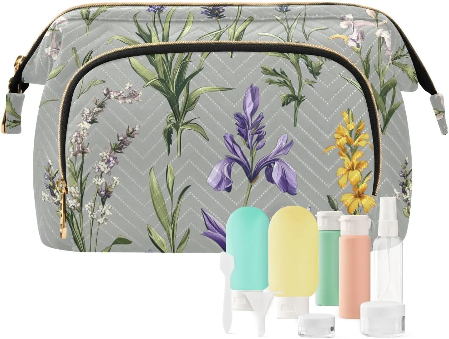 Zipper Cosmetic Bag For Women Women Cash Wallet for Toiletry Travel Kit Organizer mutualism alleviate skeptical usher adaptive premature Spring Flowers Iris flower Grey Toiletry Bags 