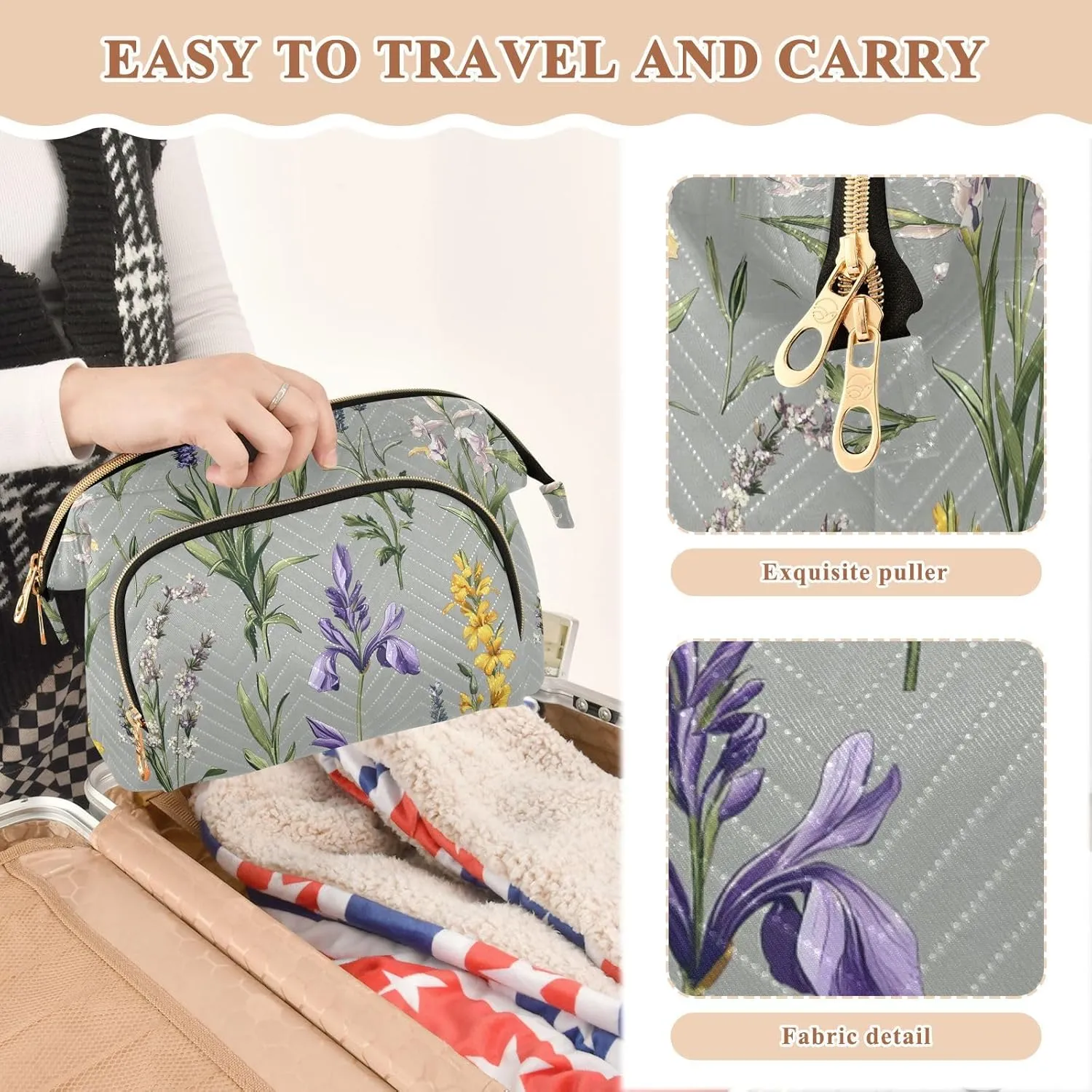 Zipper Cosmetic Bag For Women Women Cash Wallet for Toiletry Travel Kit Organizer mutualism alleviate skeptical usher adaptive premature Spring Flowers Iris flower Grey Toiletry Bags 