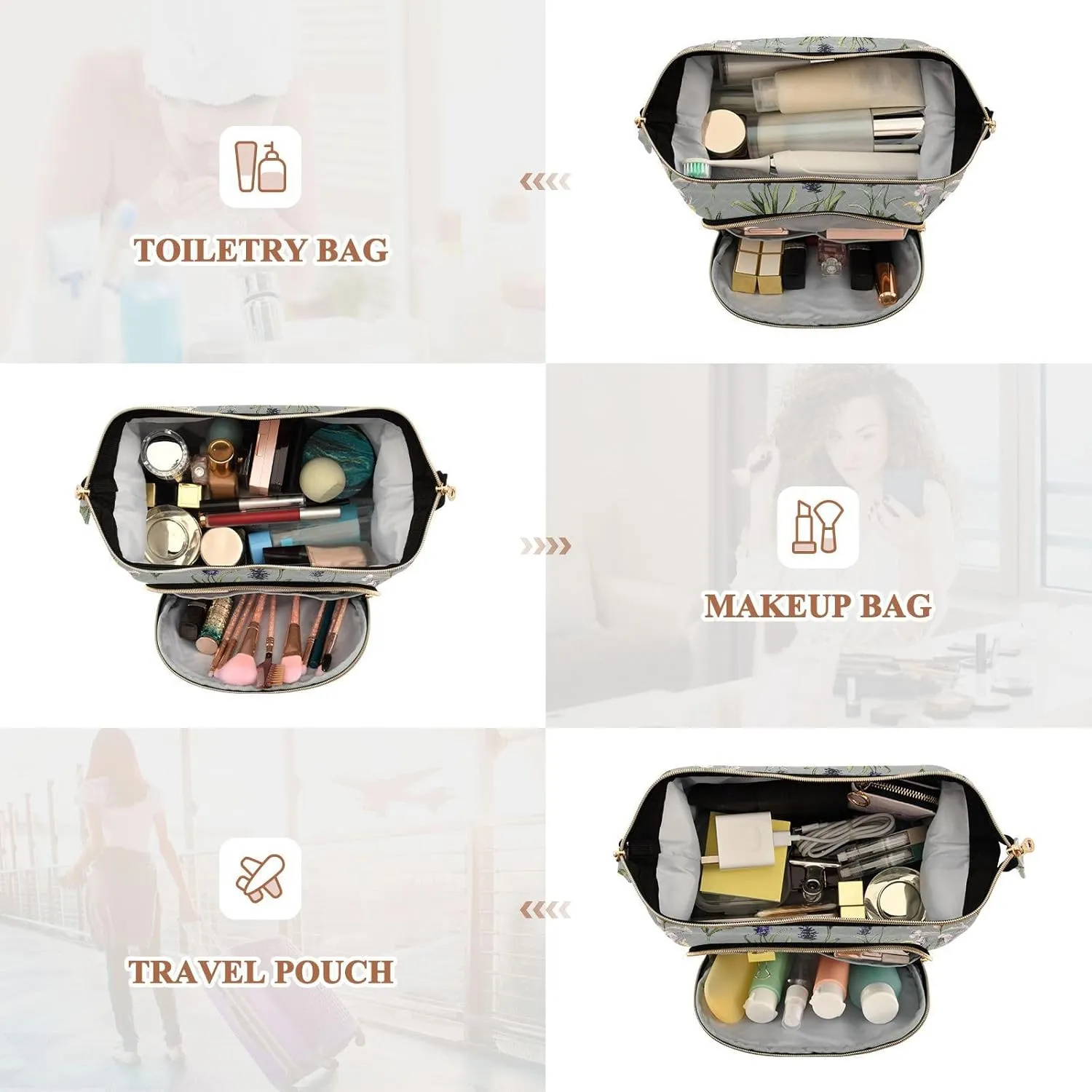 Zipper Cosmetic Bag For Women Women Cash Wallet for Toiletry Travel Kit Organizer mutualism alleviate skeptical usher adaptive premature Spring Flowers Iris flower Grey Toiletry Bags 