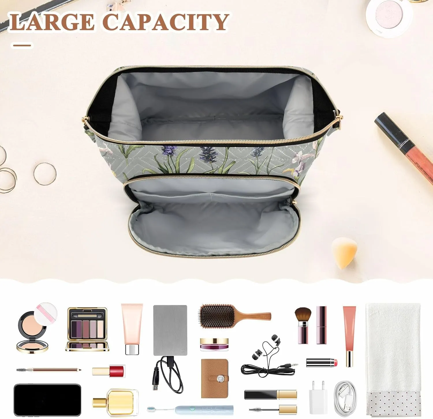 Zipper Cosmetic Bag For Women Women Cash Wallet for Toiletry Travel Kit Organizer mutualism alleviate skeptical usher adaptive premature Spring Flowers Iris flower Grey Toiletry Bags 