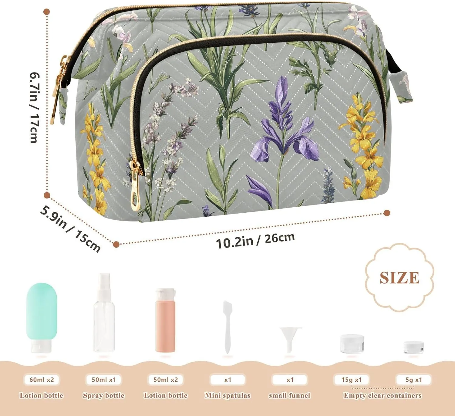 Zipper Cosmetic Bag For Women Women Cash Wallet for Toiletry Travel Kit Organizer mutualism alleviate skeptical usher adaptive premature Spring Flowers Iris flower Grey Toiletry Bags 