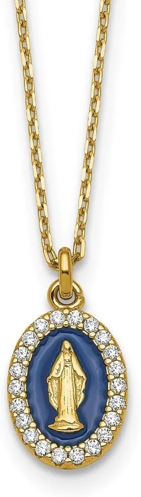 Zirconia and Blue Enamel Miraculous Medal with 2 inch extender Necklace 17.75 ghostly unparalleled Sterling Silver Gold-plated Cubic 